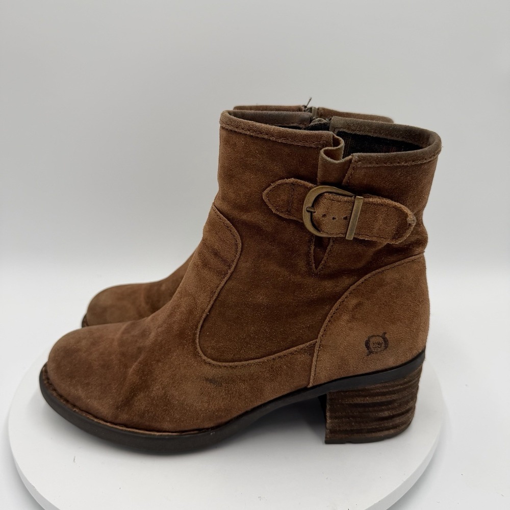 Born Eila Distressed Brown Suede Leather Buckle Zip Moto Ankle Boots Women's 9